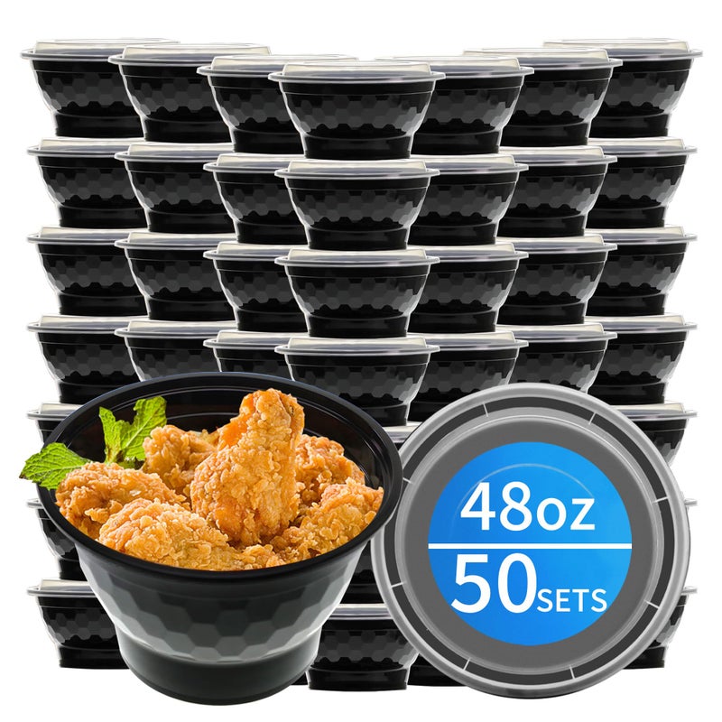 Apsic Meal Prep Bowls Containers, 50 Sets 48oz (100-Piece) Plastic Bowls with Lids for Soup Salad, Disposable To Go Food Storage Container, Round Lunch Box, BPA Free, Microwave/Dishwasher/Freezer Safe - Image 1