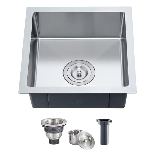 TSIBOMU 15 Inch Undermount Single Bowl Kitchen Sink 18 Gauge 304 Stainless Steel Mini Bar Sink for Compact Kitchen RV with XDrain Groove Noise Absorbing PadsD15xW15xH6 - Image 1