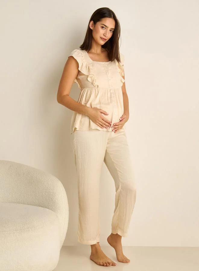 Splash FAV Ruffle Detail Satin Maternity Pyjama Set