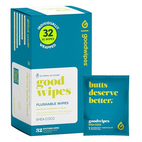 Goodwipes Flushable Wipes – Made with Vitamin E & Aloe – Soft, Individually Wrapped Butt & Feminine Cloths for On-the-Go & Travel Use – Largest Adult Toilet Towelettes – Shea-Coco, 1 pack, 32 count - Image 1