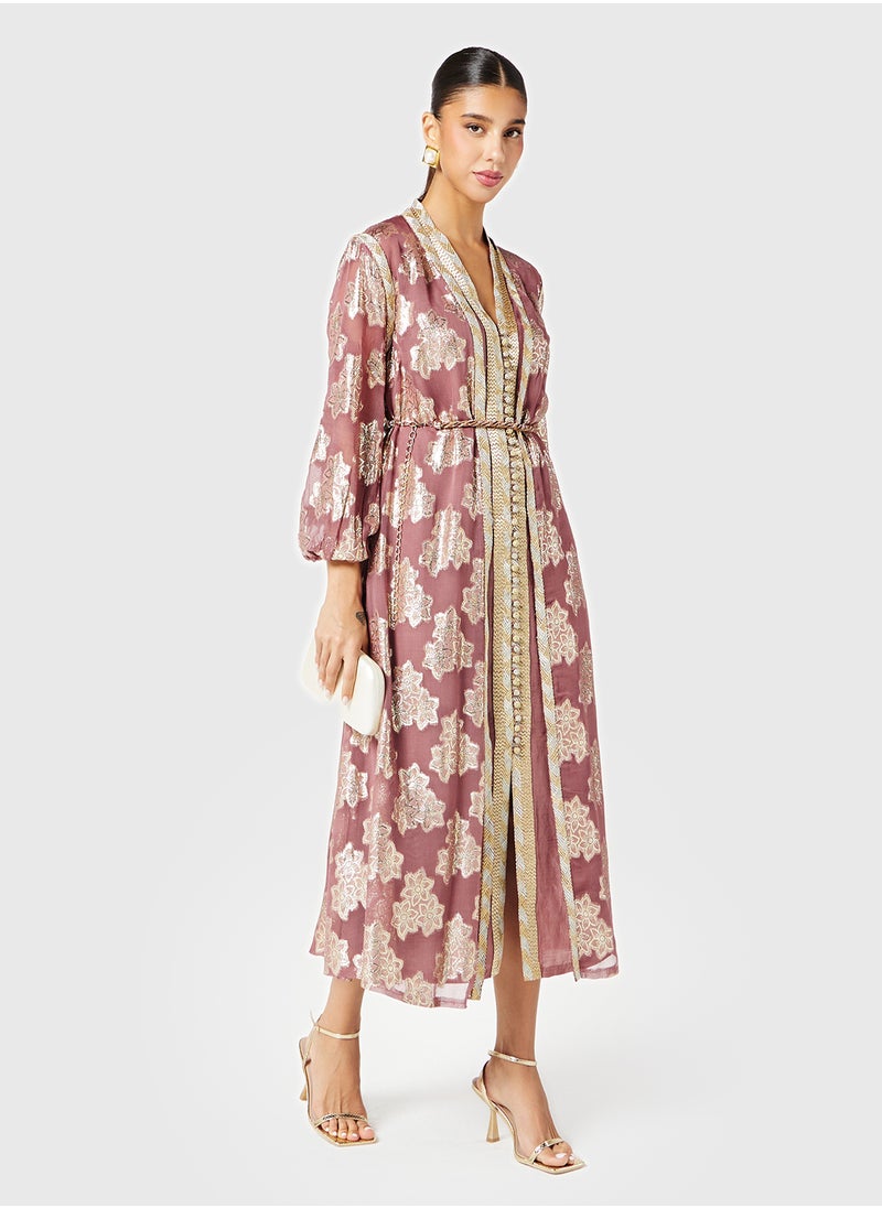 Threadz by Ajooni Foil Print Kaftan Dress With Belt  - Image 4