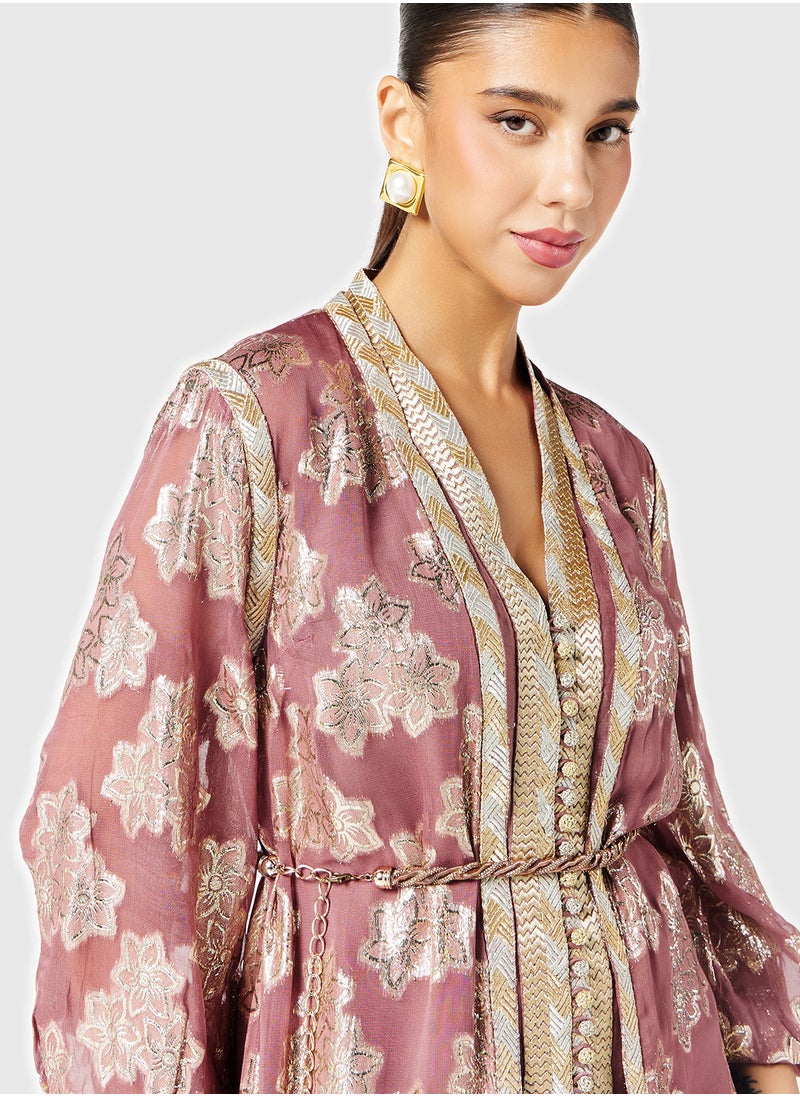 Threadz by Ajooni Foil Print Kaftan Dress With Belt  - Image 3