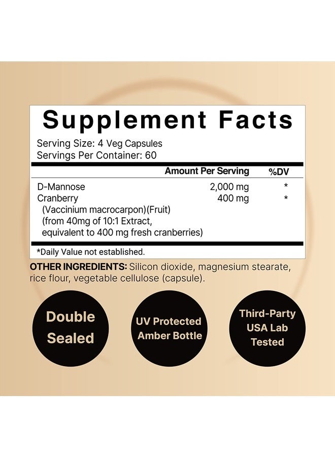 NatureBell D-Mannose 500mg Capsules (2000mg Per Serving) | 240 Veggie Capsules + Cranberry Extract 400mg, Fast Acting Urinary Tract Health Pills, Utra UTI Support for Women & Men - Image 2
