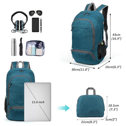 TANTOMI Ultra Lightweight Packable Backpack 25L Foldable Hiking Daypack for Travel Durable Camping Sports Bag Carry On Essentials Teal Blue - Image 3