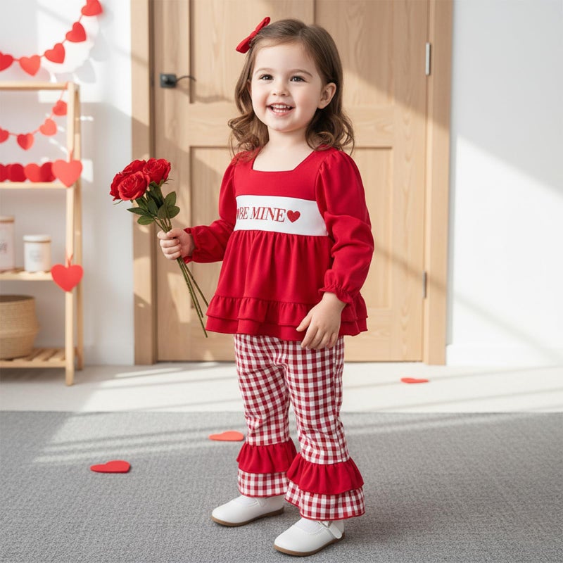 Mieeyali Toddler Baby Girls Valentines Day Dress Heart Be Mine Dress Top Smocked Dresses Bell Bottoms Clothing Set (Red Top, 3-4T) - Image 2