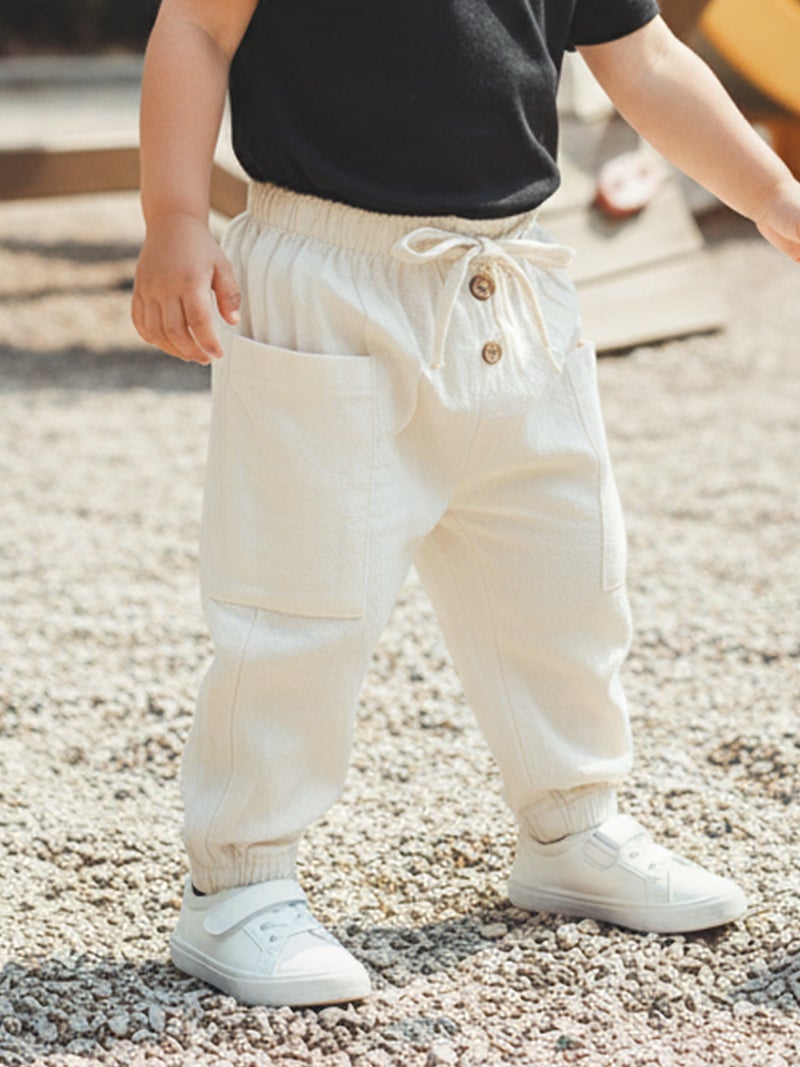 Baby Boys Pants Elastic Waist Solid Color Jogger Pants Casual Cargo Trousers with Pockets - Image 2