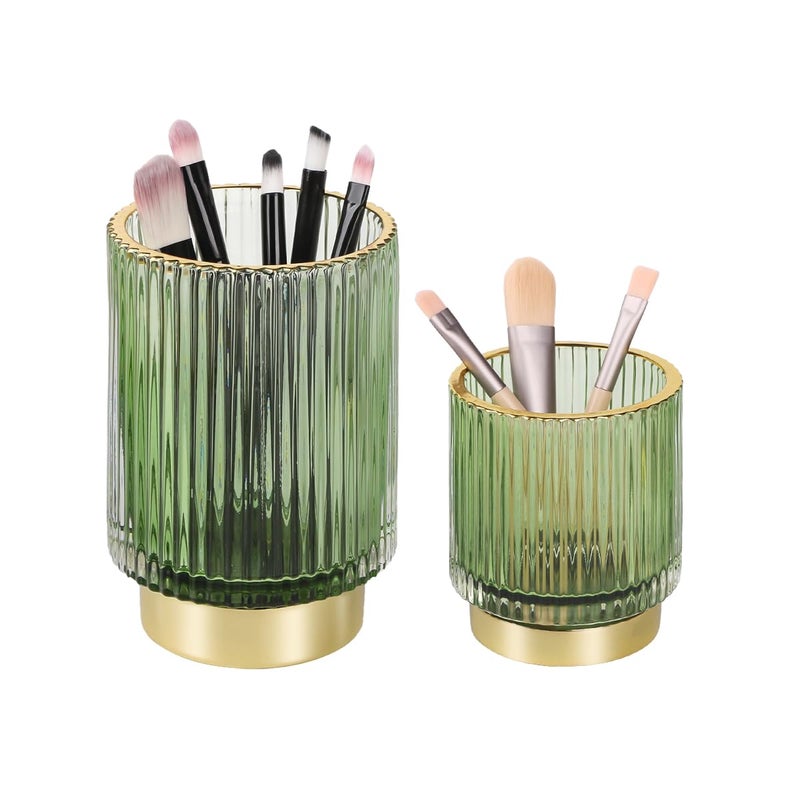 Fvstar Green Makeup Brush Holder for Vanity Glass Makeup Organizer Cup Gold Toothbrush Holders Pen Holder for Desktop Vintage Brushes Storage Organizer for Paint Brush Pen Pencil Eyeliner