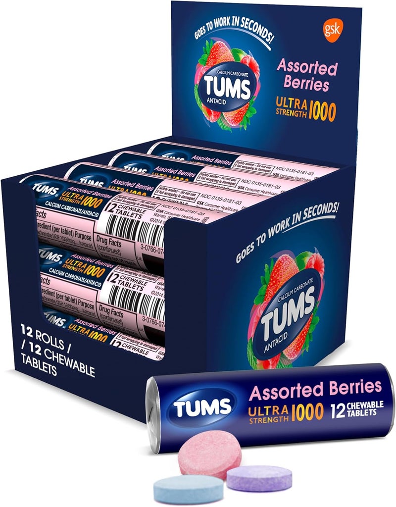 TUMS TUMS Ultra Strength Antacid Tablets for Chewable Heartburn Relief and Acid Indigestion Relief, Assorted Berries - 12 Pack of 12 Count Rolls 
