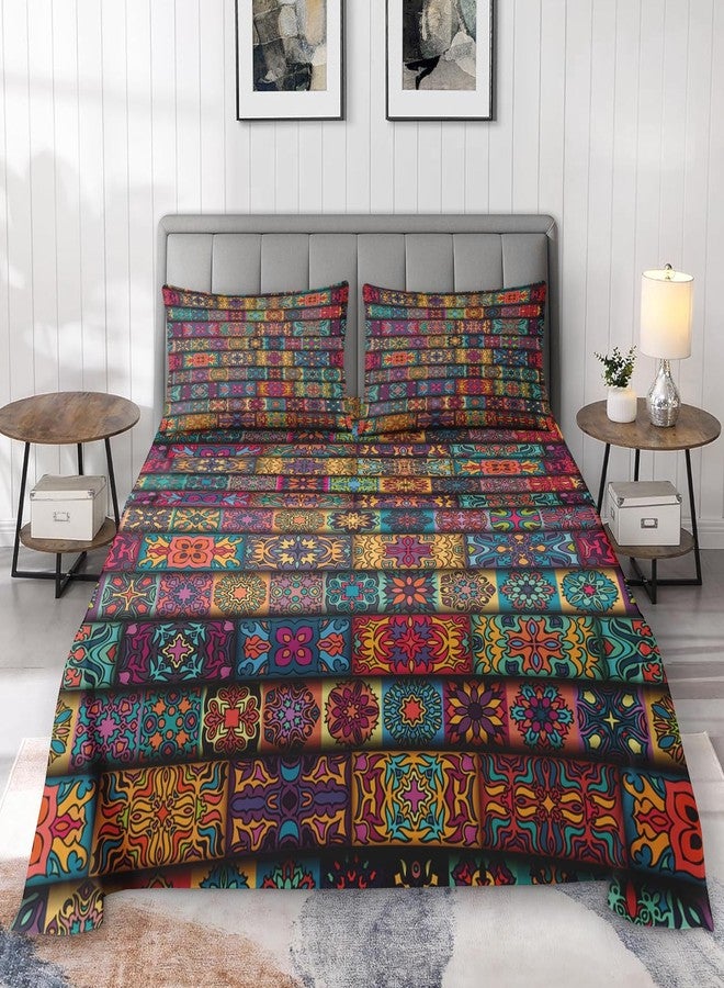 Pamnest Full Size Bed Sheet Sets, Colorful Vintage Floral Soft Microfiber 4 Pcs Bedding Sets for Kids and Adults Bedroom Bed Decor, Mandala Bohemian Flower Flat, Fitted Sheet and 2 Pillowcases - Image 3