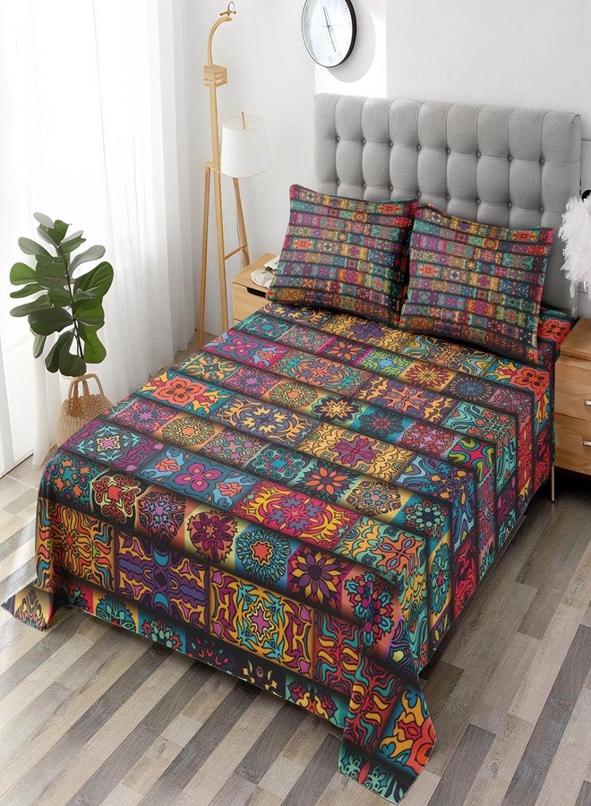 Pamnest Full Size Bed Sheet Sets, Colorful Vintage Floral Soft Microfiber 4 Pcs Bedding Sets for Kids and Adults Bedroom Bed Decor, Mandala Bohemian Flower Flat, Fitted Sheet and 2 Pillowcases - Image 2