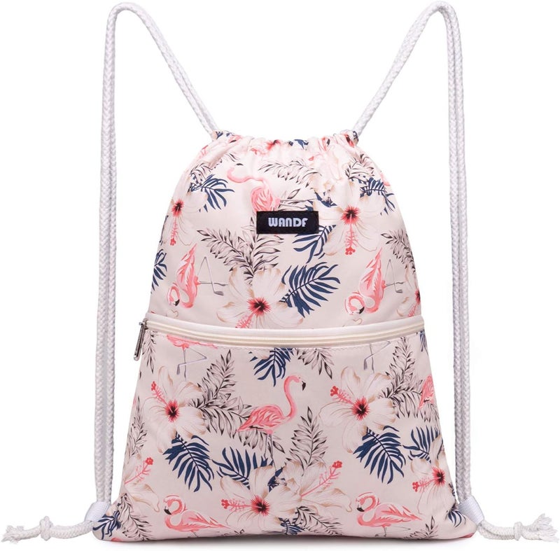 WANDF Drawstring Backpack String Bag Sackpack Cinch Water Resistant Nylon for Gym Shopping Sport Yoga (Flamingo) - Image 1