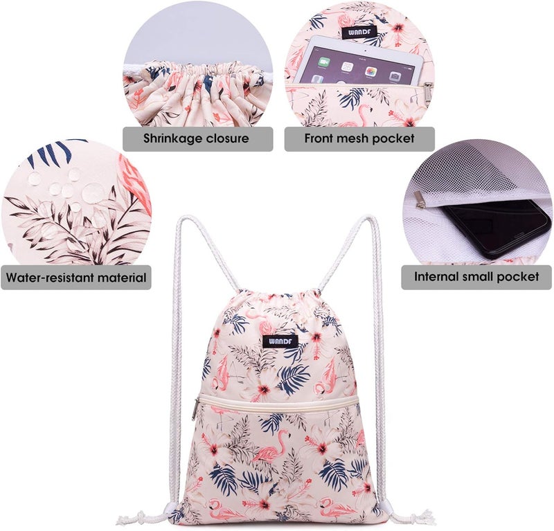 WANDF Drawstring Backpack String Bag Sackpack Cinch Water Resistant Nylon for Gym Shopping Sport Yoga (Flamingo) - Image 3