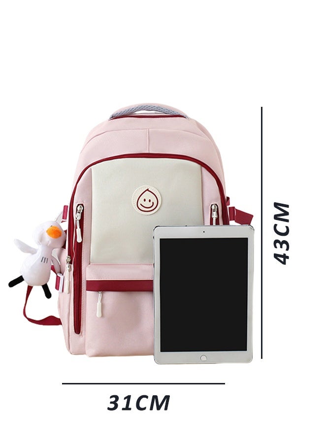 5PCS School Backpack Student Fashion Casual Backpack Cute Canvas Bag School Rucksack Campus Backpack Set Book Bag with Compartments Kids' School Bag With Large Capacity (Pink)  - Image 2