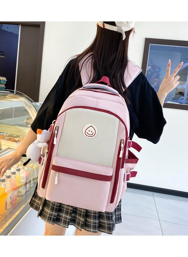 5PCS School Backpack Student Fashion Casual Backpack Cute Canvas Bag School Rucksack Campus Backpack Set Book Bag with Compartments Kids' School Bag With Large Capacity (Pink)  - Image 3