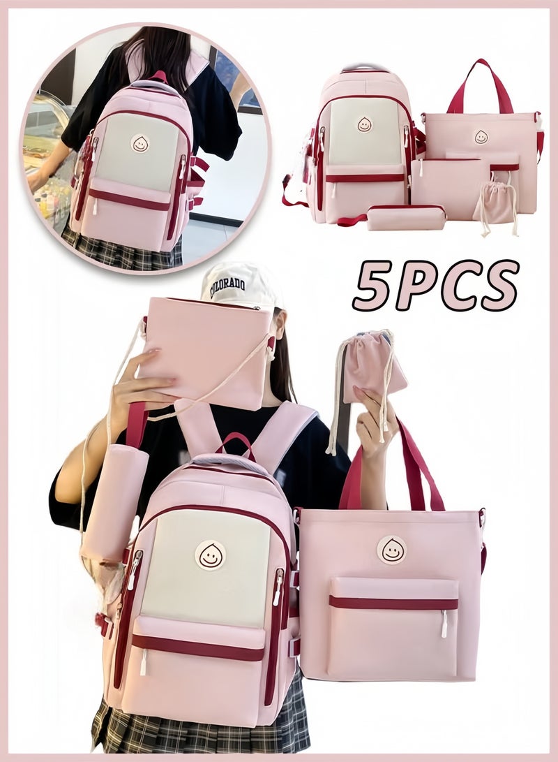 5PCS School Backpack Student Fashion Casual Backpack Cute Canvas Bag School Rucksack Campus Backpack Set Book Bag with Compartments Kids' School Bag With Large Capacity (Pink)  - Image 1
