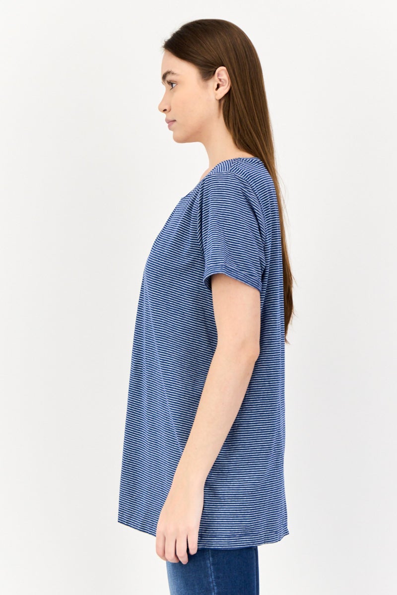 Blooming Marvelous Women Round Neck Shorts Sleeve Pin Stripe Top, Multicolor  - Image 2
