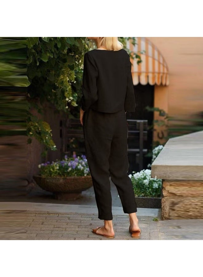 Barbora Linen Casual Waist Belted Women's Two Piece Set Bottom Top LN01BLACK2 - Image 2
