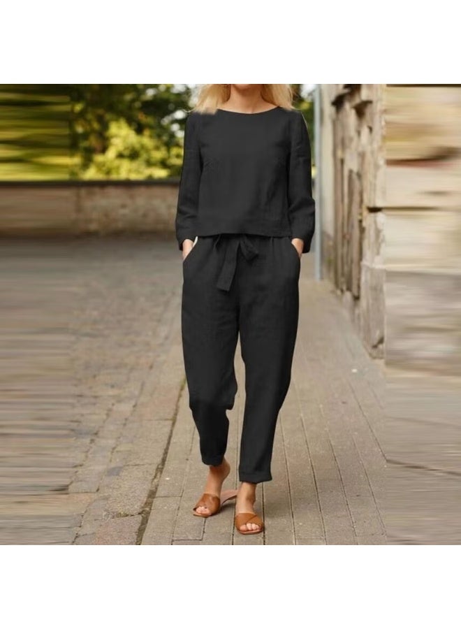 Barbora Linen Casual Waist Belted Women's Two Piece Set Bottom Top LN01BLACK2 - Image 1