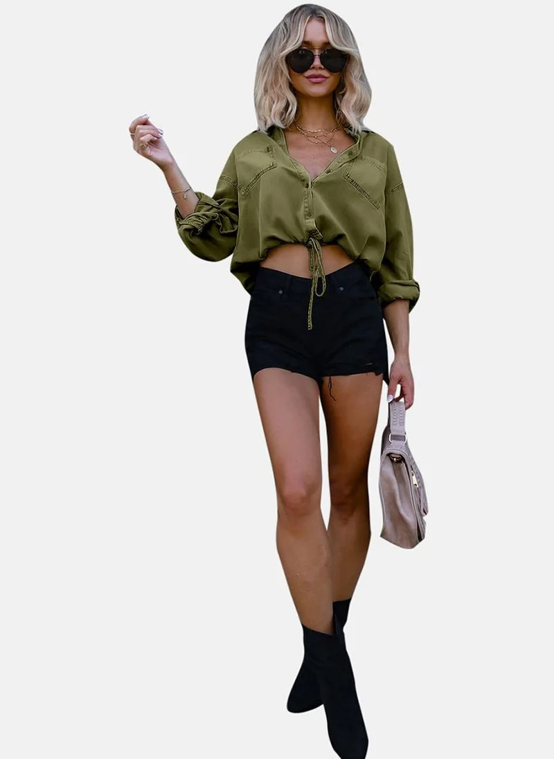 YUNIQEE Olive Relaxed Fit Spread Collar Long Sleeves Shirts