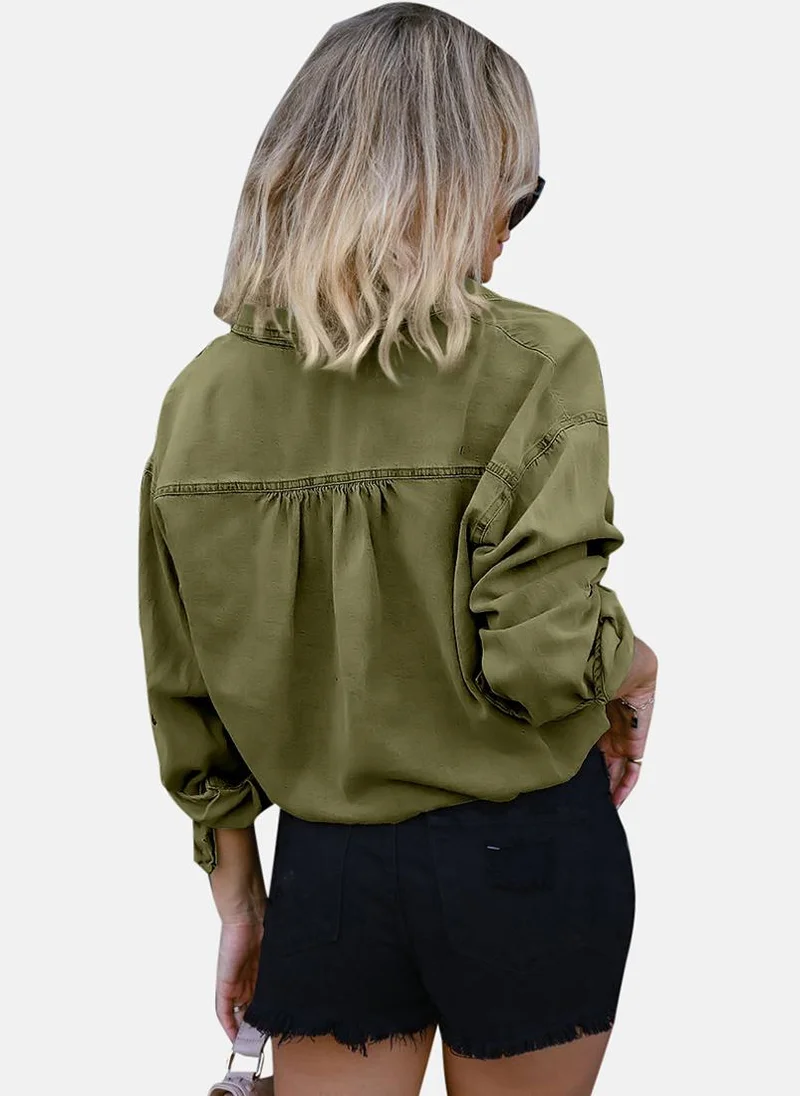 YUNIQEE Olive Relaxed Fit Spread Collar Long Sleeves Shirts