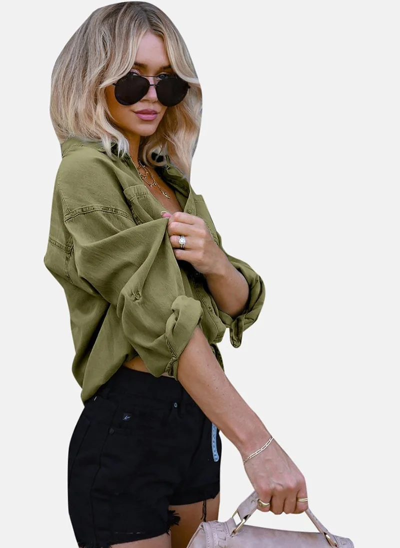YUNIQEE Olive Relaxed Fit Spread Collar Long Sleeves Shirts