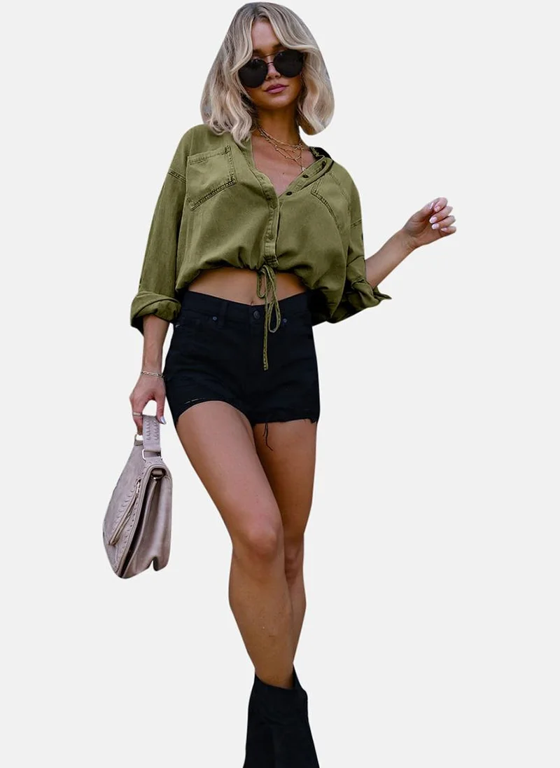 يونيكي Olive Relaxed Fit Spread Collar Long Sleeves Shirts