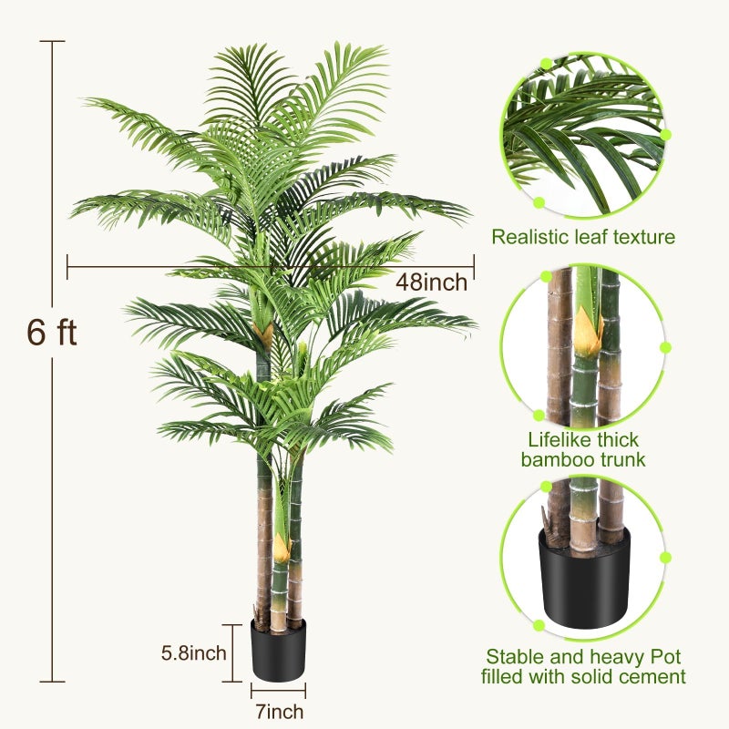Keeplush 6ft Tall Triple Golden Cane Palm Artificial Tree Large Tropical Palm Tree UV Resistant Fake Plant in Pot for Indoor Outdoor Big House Living Room Outside Patio Office Home Decor 1Pack - Image 5