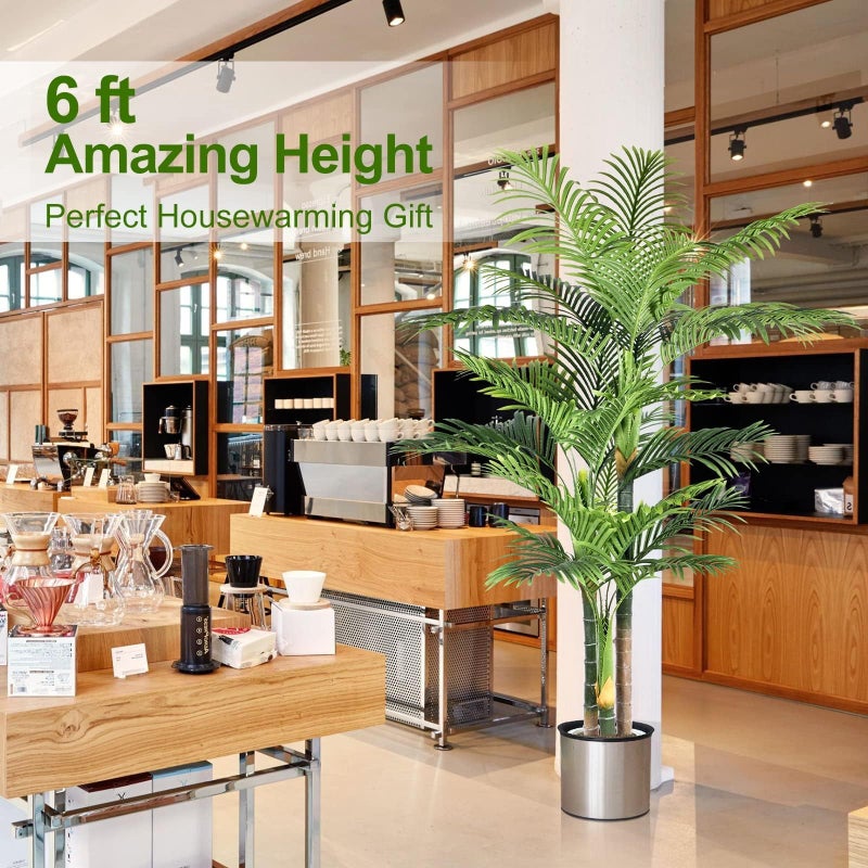 Keeplush 6ft Tall Triple Golden Cane Palm Artificial Tree Large Tropical Palm Tree UV Resistant Fake Plant in Pot for Indoor Outdoor Big House Living Room Outside Patio Office Home Decor 1Pack - Image 3