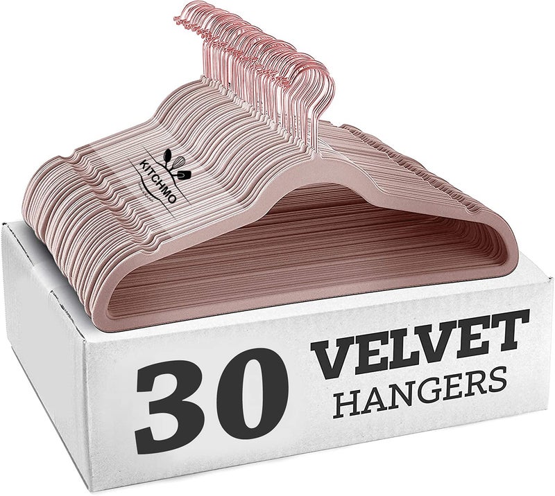 KITCHMO- Premium Velvet Hangers Non Slip Velvet Suit Hangers Rose Gold Hooks,Space Saving Clothes Hangers Velvet Hangers Non-Slip 360 Degree Swivel Hook Clothes Hangers Velvet (Peach, Pack of 30) - Image 1