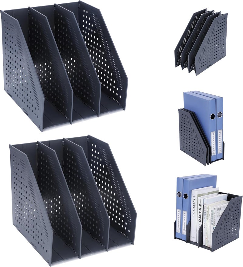 FRETONBA 2Pcs Collapsible Magazine File Holder, Binder Holder for Desk with 3 Vertical Compartments, Binder Storage Organizer for Office School Home, Dark Gray - Image 1