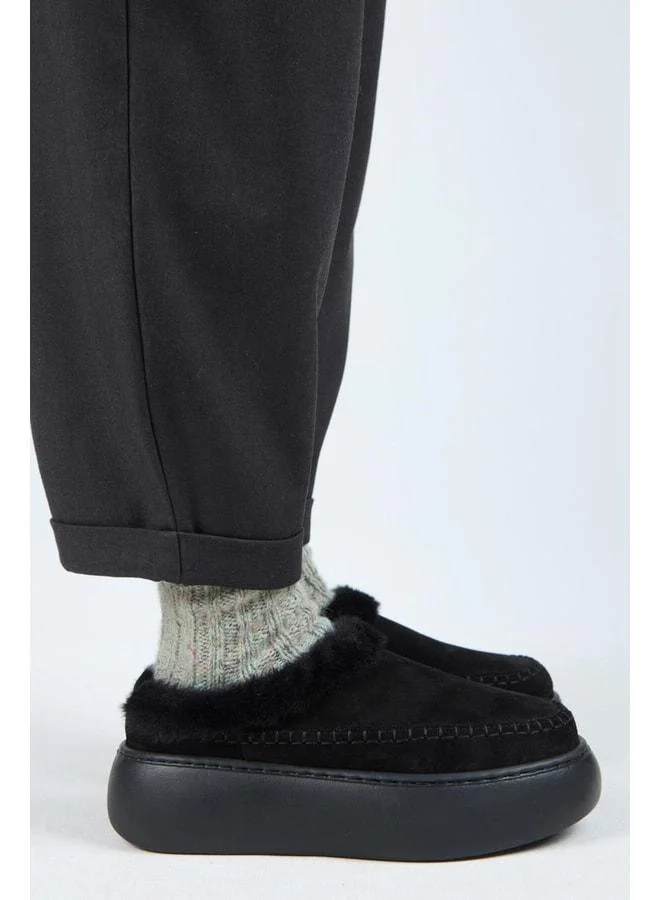 (Bazin Kürklü) Women's Genuine Leather Suede Fur Platform Black Slippers.