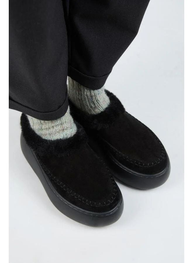 Manijero  (Bazin Kürklü) Women's Genuine Leather Suede Fur Platform Black Slippers. for Women | Best Price UAE