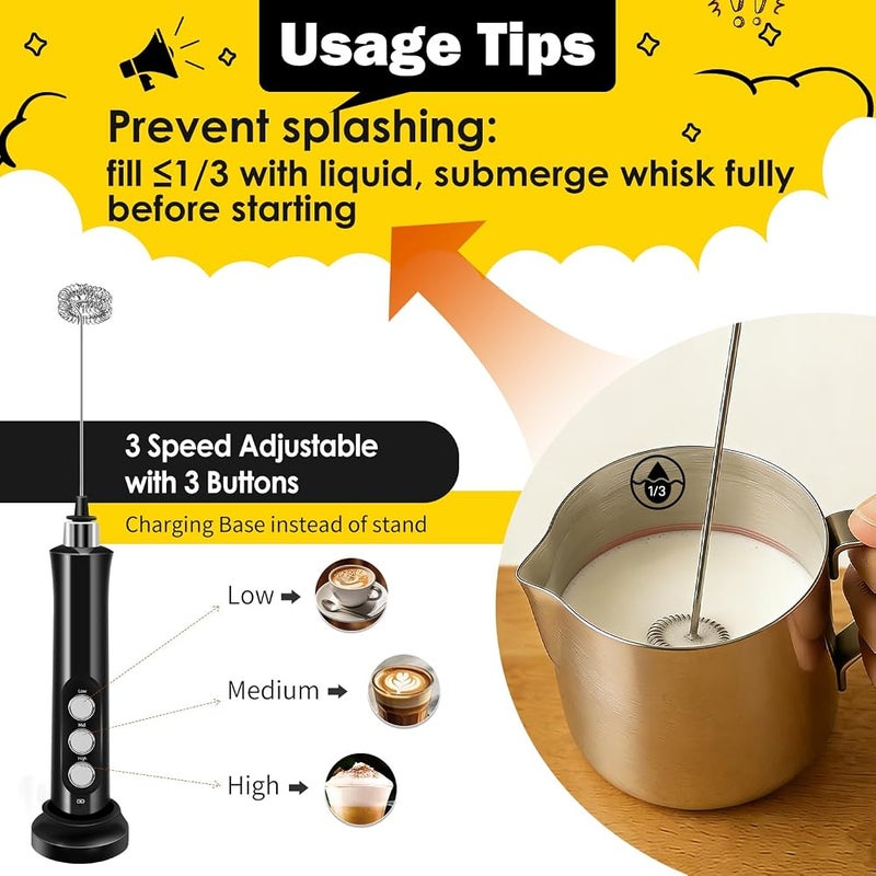 Styuanmmy Rechargeable Milk Frother Handheld with 3 Detachable Stainless Steel Whisks, 3 Speed Adjustable Electric Whisk Foam Maker, Handheld Drink Mixer, Frother Wand for Coffee, with Storage and Charging Base - Image 3