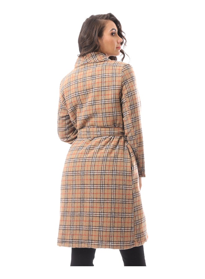 Andora Beige Long Sleeve Patterned Winter Coat_Beige - Image 4