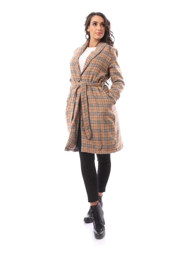 Andora Beige Long Sleeve Patterned Winter Coat_Beige - Image 1