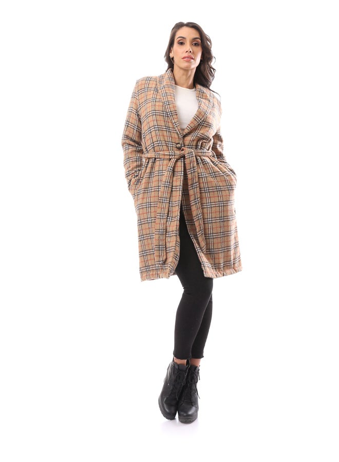 Andora Beige Long Sleeve Patterned Winter Coat_Beige - Image 2