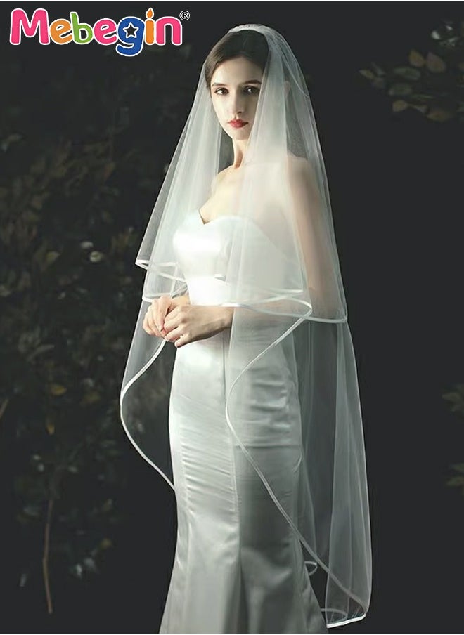 MEBEGIN Women's Long Ribbon Edge Wedding Bridal Veil With Comb ,Soft Wedding Veil Bride Bridal Shower Bachelorette Party for Women and Girls 200cm(White)  - Image 4