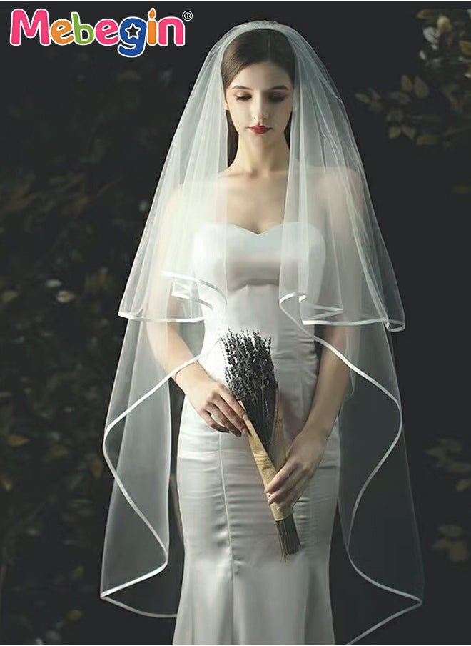 MEBEGIN Women's Long Ribbon Edge Wedding Bridal Veil With Comb ,Soft Wedding Veil Bride Bridal Shower Bachelorette Party for Women and Girls 200cm(White)  - Image 5
