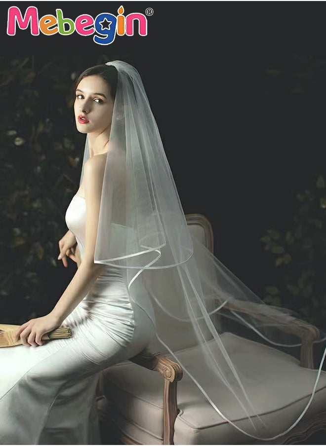 MEBEGIN Women's Long Ribbon Edge Wedding Bridal Veil With Comb ,Soft Wedding Veil Bride Bridal Shower Bachelorette Party for Women and Girls 200cm(White)  - Image 1