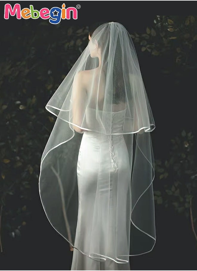MEBEGIN Women's Long Ribbon Edge Wedding Bridal Veil With Comb ,Soft Wedding Veil Bride Bridal Shower Bachelorette Party for Women and Girls 200cm(White)  - Image 3