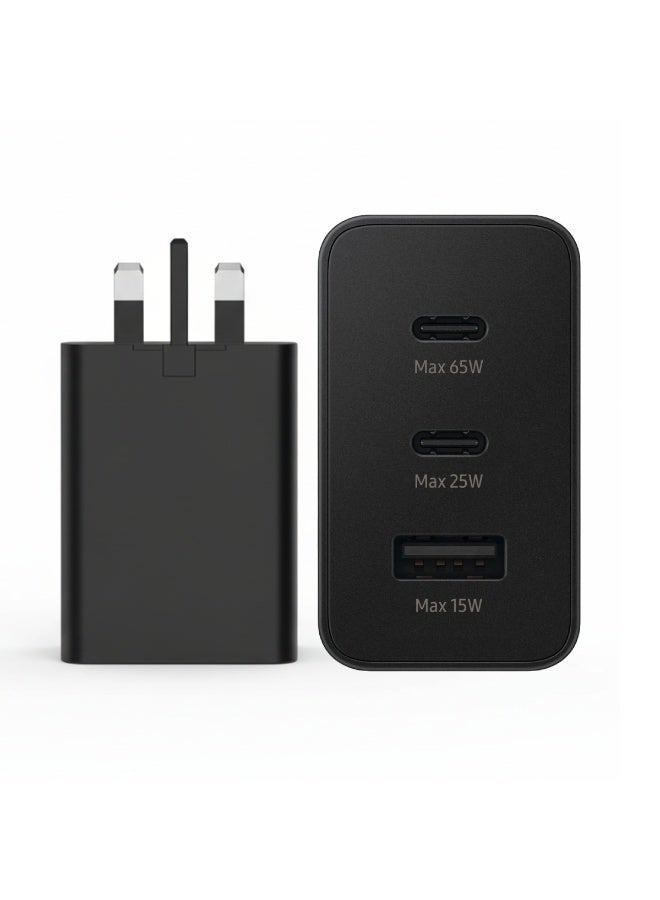 شاحن سريع GaN بقدرة 65 واط بمقبس بريطاني، مزود بـ 3 منافذ USB-C و USB-A، يدعم الشحن المتزامن لعدة أجهزة، متوافق مع أجهزة الكمبيوتر المحمولة وهواتف iPhone وSamsung و - Image 1