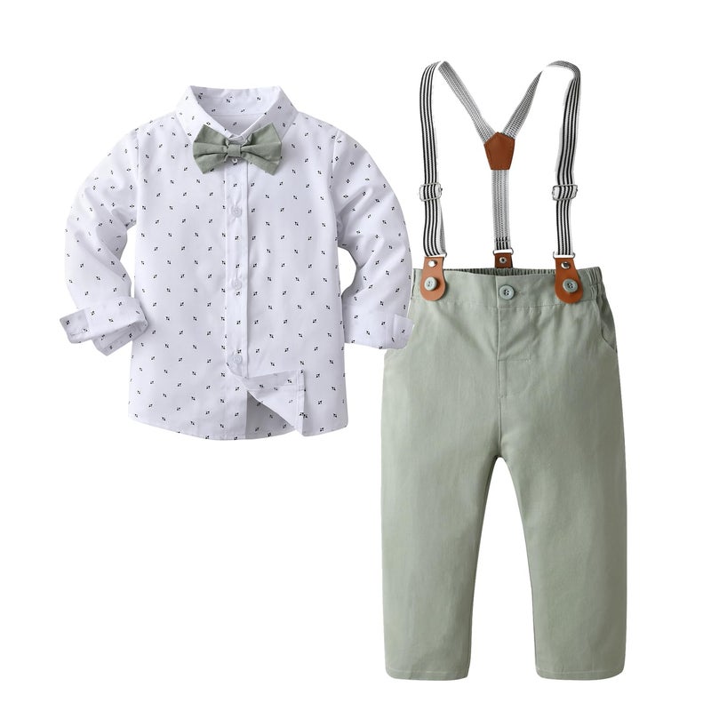 Boarnseorl Baby Boys Gentleman Outfits Pants Sets, Infant Long Sleeve Shirt + Pants + Bow Tie + Suspenders,12-18M - Image 1