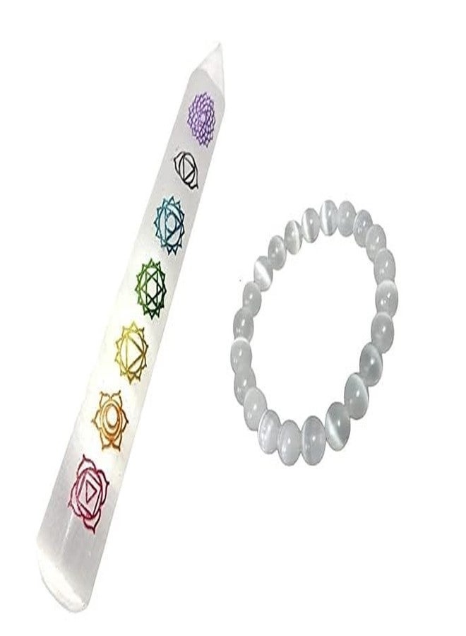 GEMTUB Selenite 7 Chakra Wand and Natural Selenite Bracelet Combo Natural Selenite Wand with 7 Chakra Symbol Embosed and 8 MM Bead Size Selenite Bracelet for Reiki Healing and Crystal Healing - Image 1