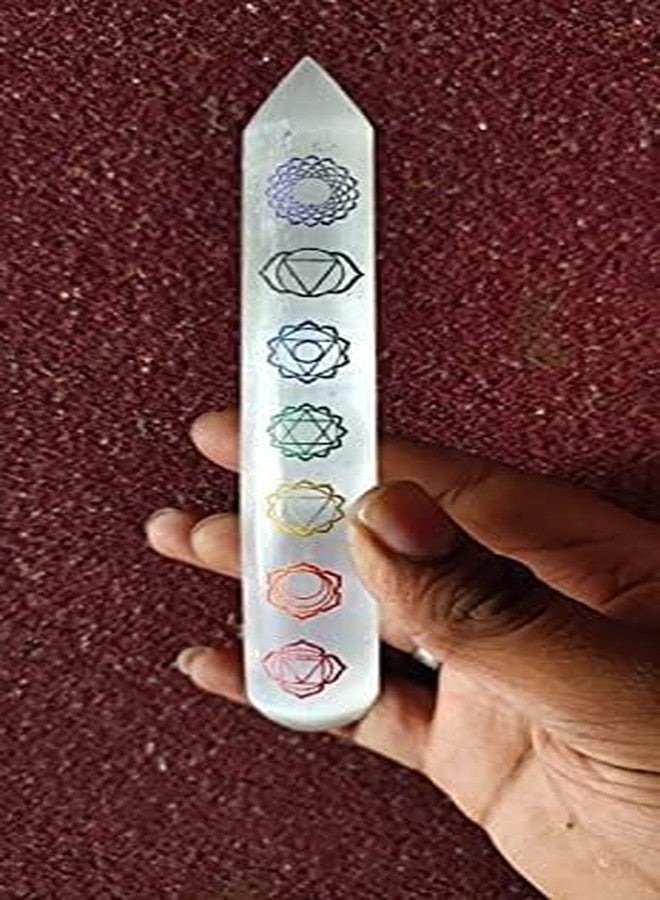 GEMTUB Selenite 7 Chakra Wand and Natural Selenite Bracelet Combo Natural Selenite Wand with 7 Chakra Symbol Embosed and 8 MM Bead Size Selenite Bracelet for Reiki Healing and Crystal Healing - Image 2