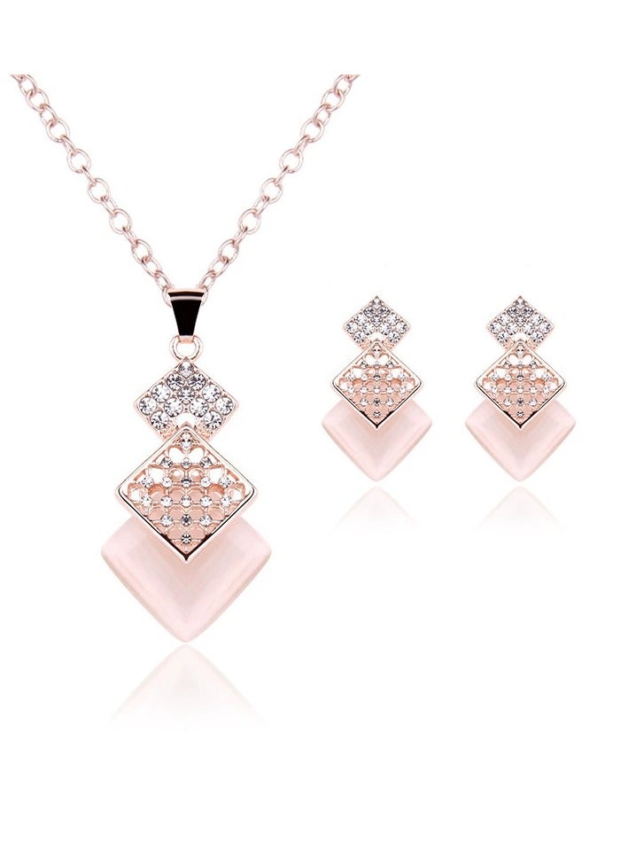 Goolsky Elegant Square Pink Zircon Crystal Necklace and Earrings Set – Modern Jewelry Gift for Her, Pink Zircons Anti-Tarnish, Weddings/Eid Birthdays Gifting - Image 1