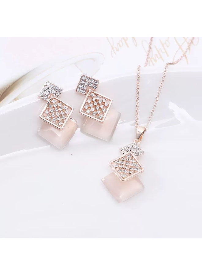 Goolsky Elegant Square Pink Zircon Crystal Necklace and Earrings Set – Modern Jewelry Gift for Her, Pink Zircons Anti-Tarnish, Weddings/Eid Birthdays Gifting - Image 2