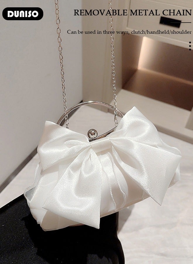 DUNISO Womens Clutch Bag, Satin Evening Clutch Purse, Champagne Shoulder Bag with Removable Chain, Bow Styling Crossbody Shoulder Bag for Formal Dress Bride Wedding Prom Party - Image 2