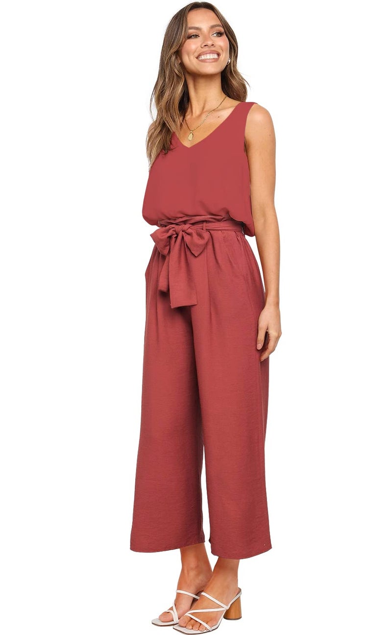 FANCYINN Womens 2 Piece Crop Pants Set V Neck Tank Wide Strap Tops High Waisted Cropped Paper Bag Pants with Belt Brownish Red Top & Wide Leg Pants S - Image 2