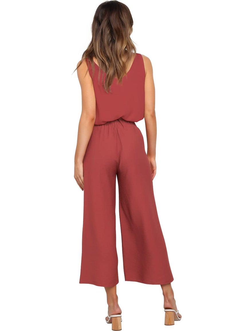 FANCYINN Womens 2 Piece Crop Pants Set V Neck Tank Wide Strap Tops High Waisted Cropped Paper Bag Pants with Belt Brownish Red Top & Wide Leg Pants S - Image 4