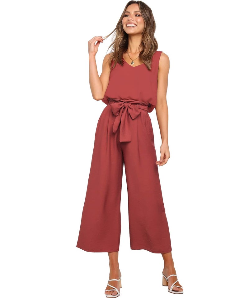 FANCYINN Womens 2 Piece Crop Pants Set V Neck Tank Wide Strap Tops High Waisted Cropped Paper Bag Pants with Belt Brownish Red Top & Wide Leg Pants S - Image 3